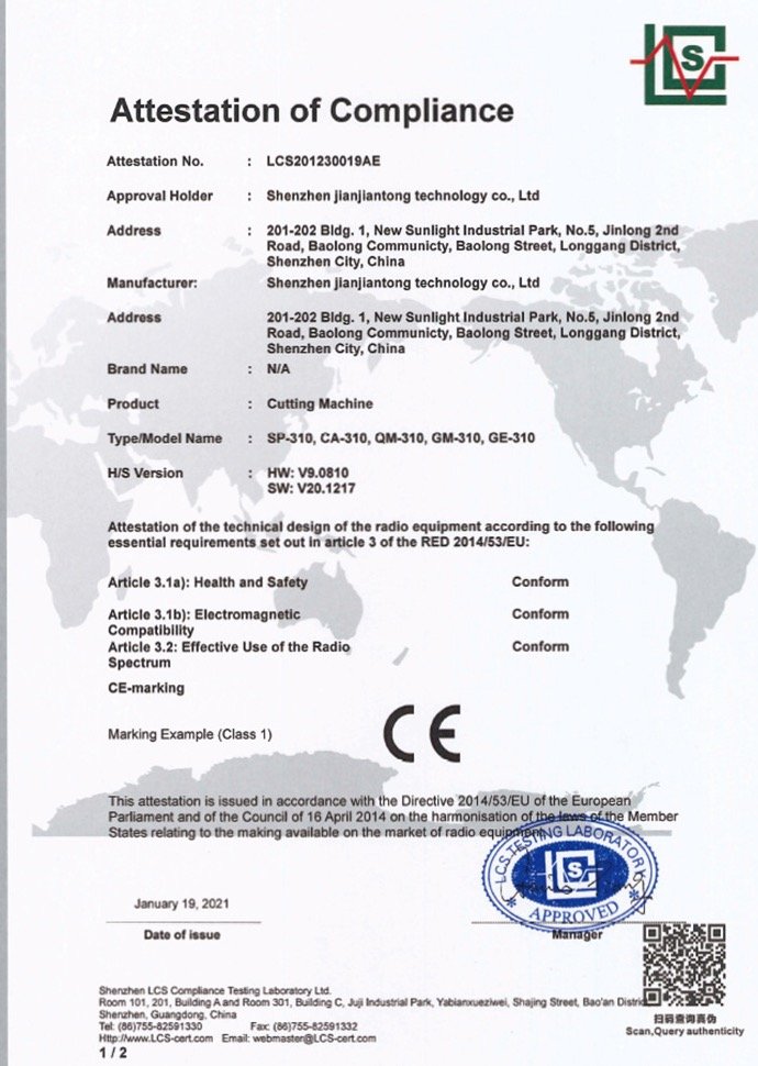 CE Attestation of Compliance - Cutting Machine